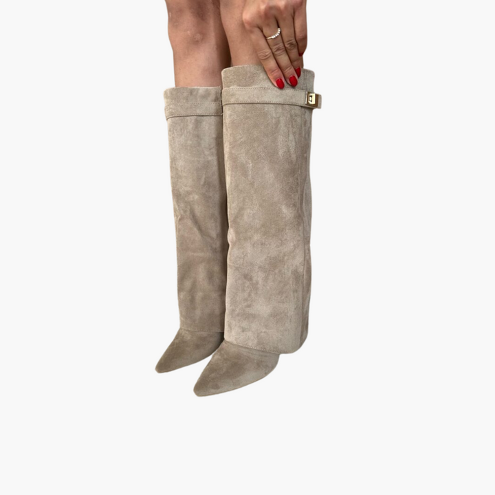 Bottes hautes en daim noir femme avec boucle dorée élégante