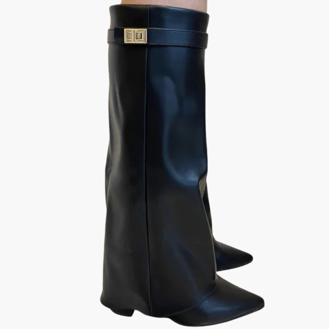 Bottes hautes en daim noir femme avec boucle dorée élégante
