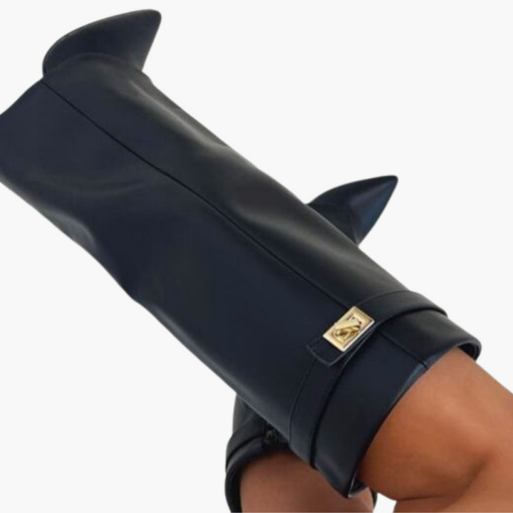 Bottes hautes en daim noir femme avec boucle dorée élégante