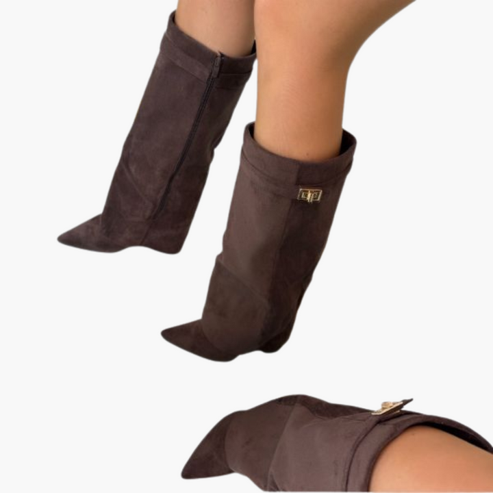 Bottes hautes en daim noir femme avec boucle dorée élégante